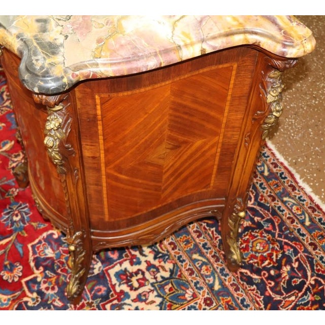 1920's French Style Marble Top Inlaid Walnut Vanity With Later Companion Mirror For Sale - Image 14 of 15