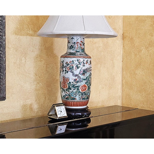 Vintage Chinese Famille Verte Style Porcelain Table Lamp With Hand Painted Birds & Peonies For Sale - Image 12 of 18