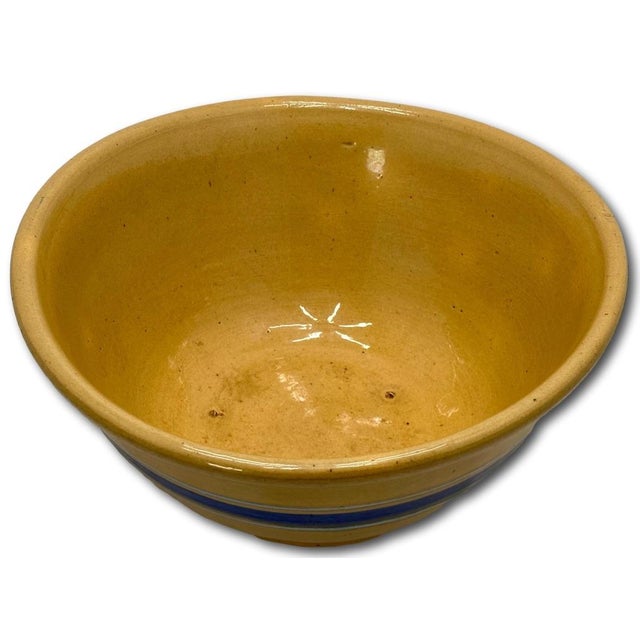 Antique Thick Yellow Ware 12 Inch Kitchen Mixing Bowl With Unusual 2 Color Blue Banded Decoration - Late 1800s. For Sale - Image 10 of 18
