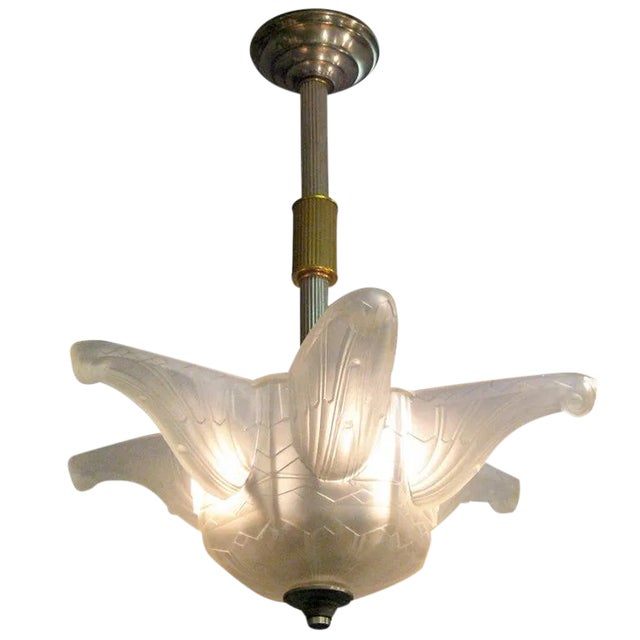 Fine French Art Deco frosted art glass chandelier attributed to Hanots. The six pointed star shape accentuated with...
