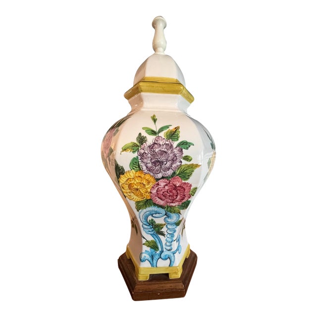 Vintage Hand Painted Floral Ginger Jar Lamp For Sale