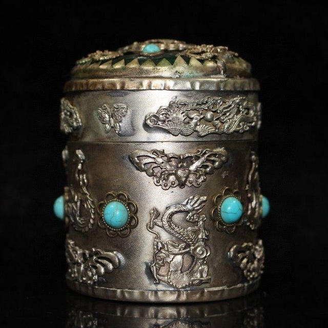 Metal Vintage Tibetan Silver-Plated Tea Caddy With Turquoise Dragons For Sale - Image 7 of 9