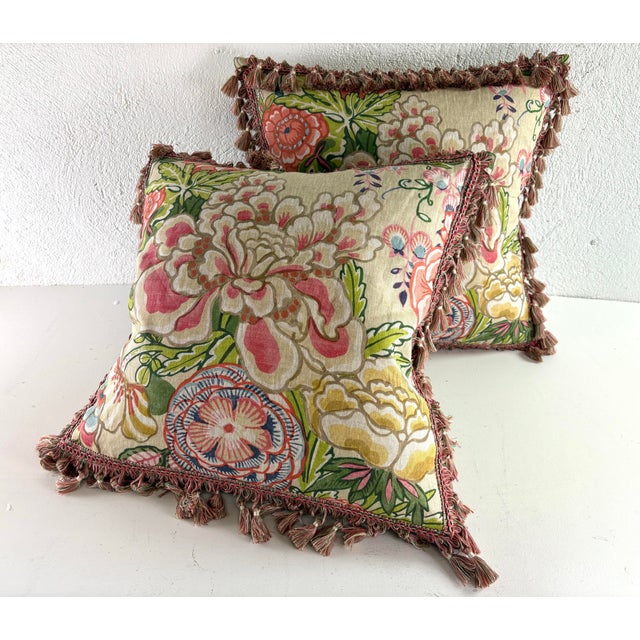 2020s Thibaut Peony Garden Hand Printed Tasseled Linen Pillows/a Pair For Sale - Image 5 of 9