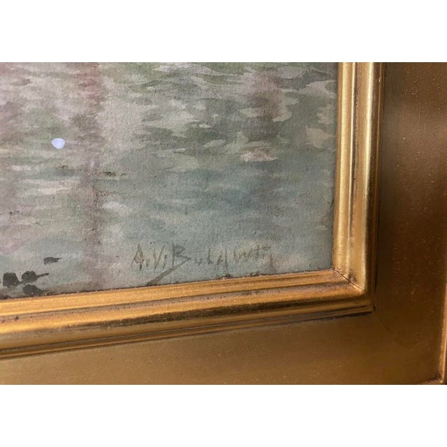 Olive Mid 20th Century Arts & Crafts Style Watercolor Painting of Forest & Stream Landscape Signed, Framed For Sale - Image 8 of 10