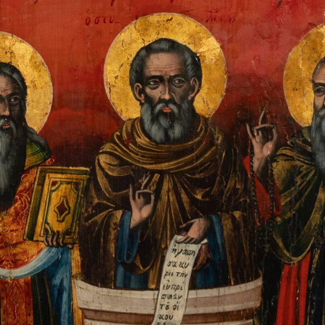 Red Antique Greek Eastern Orthodox Religious Painted Icon Egg Tempera 3 Saints 1780 For Sale - Image 8 of 15