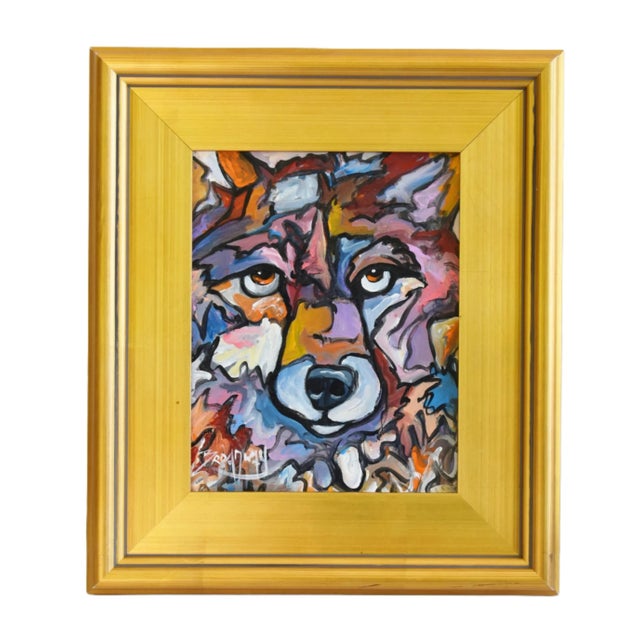 Expressionist Wolf Portrait Painting Including the Antiqued Gold Wood Frame For Sale - Image 9 of 11