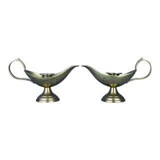 Antique Brass Candlestick Holders Middle East Genie Lamp Style - Set of 2 For Sale