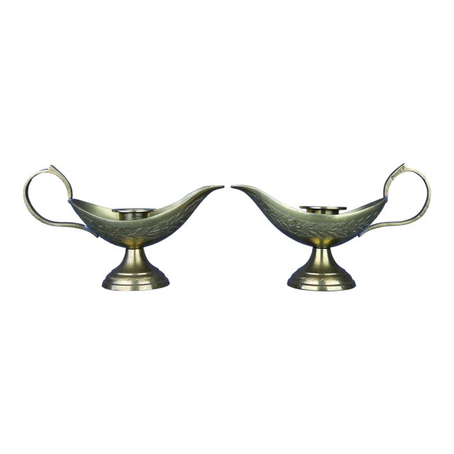 Antique Brass Candlestick Holders Middle East Genie Lamp Style - Set of 2 For Sale