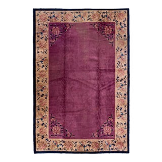 Antique Art Deco Chinese Handmade Floral Purple Wool Rug 11 Ft 11 in X 19 Ft 2 In. For Sale
