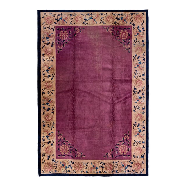 Antique Art Deco Chinese Handmade Floral Purple Wool Rug 11 Ft 11 in X 19 Ft 2 In. For Sale