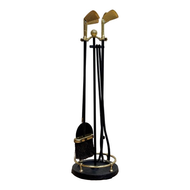Vintage Brass and Cast Iron Golf Club Fireplace Tools For Sale