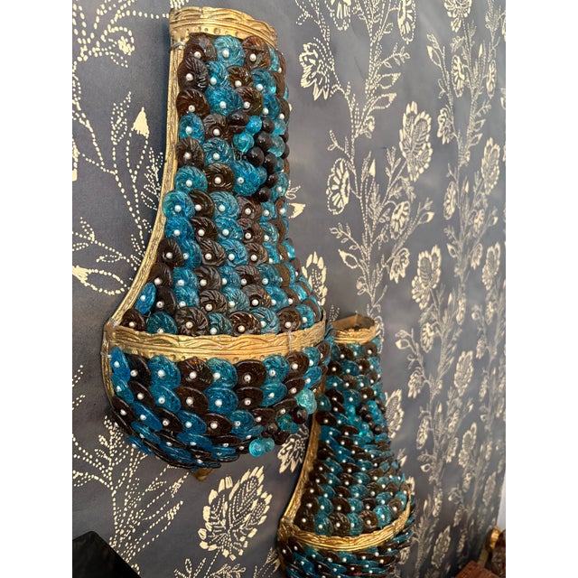 Ercole Barovier 1940’s Dore Bronze Sconce Cages With Beaded Glass in the Style of Ercole Barovier, a Pair For Sale - Image 4 of 12