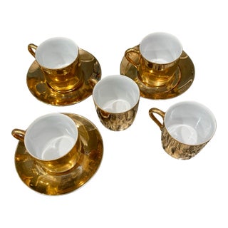 Vintage Hollywood Recency Gold Gilded Porcelain Demitasse Espresso Set - 5 Cups & 3 Saucers - 8 pcs For Sale