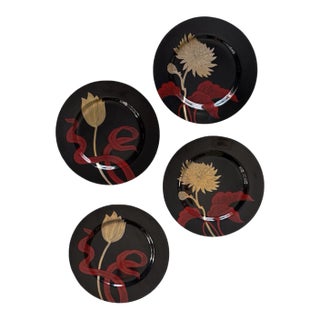 Fitz and Floyd Black Floral Salad Plates 1979 Vintage Porcelain 7.5 Inch - Set of 4 For Sale