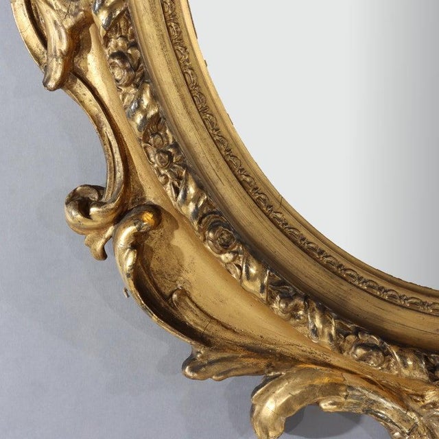 Wood Antique Louis XIV Floral Carved Giltwood Oval Wall Mirror C1880 For Sale - Image 7 of 8