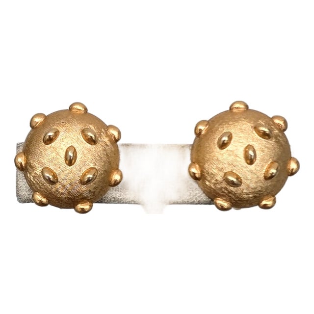 Vintage 1960s Signed Crown Trifari Round Goldtone Studded Clip Earrings-2 Pieces For Sale