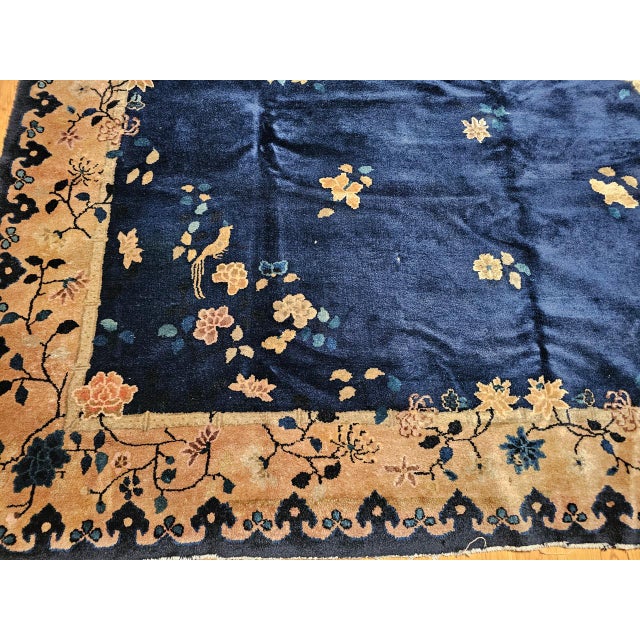 Vintage Room Size Chinese Art Deco Rug, Hand-Knotted Navy Blue, Taupe, 9' x 12' For Sale - Image 15 of 18