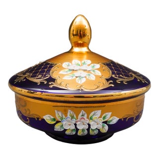 Mid 20th Century Egermann Czech Bohemian Cobalt Blue 24k Gold Enamel Lidded Bowl Dish Trinket Box For Sale
