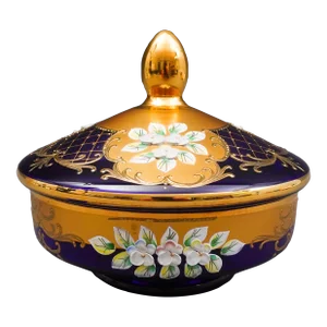 Mid 20th Century Egermann Czech Bohemian Cobalt Blue 24k Gold Enamel Lidded Bowl Dish Trinket Box