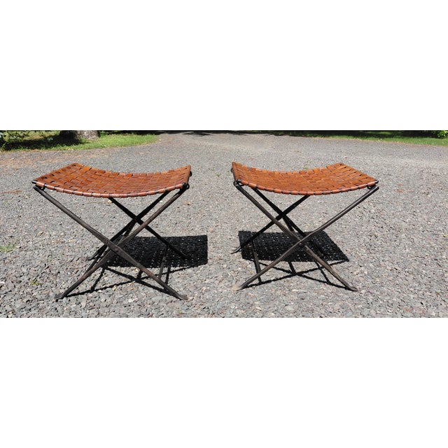 Vintage Iron and Leather Folding Stools a Pair For Sale In New York - Image 6 of 10