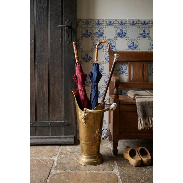 Rustic Antique Dutch Brass Umbrella Stand with Delft Blue Ceramic Handles, Netherlands, 1890 For Sale - Image 3 of 18