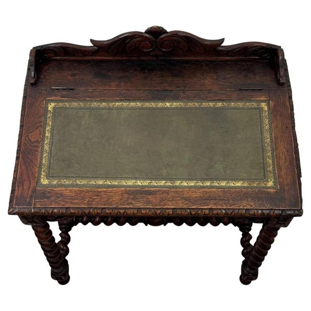 19th Antique Century English Victorian Carved Oak Writing Table with Leather Top For Sale - Image 4 of 11