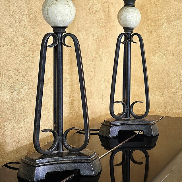 Pair of Uttermost Wrought Iron & Ceramic Sphere Table Lamps For Sale - Image 9 of 18