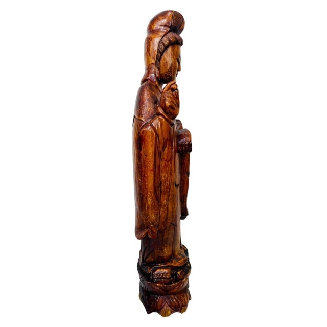 1970s Large Vintage Hand Carved Solid Wood 4.5 Foot Standing Kwan Yin/Guanyin Statue For Sale - Image 5 of 12