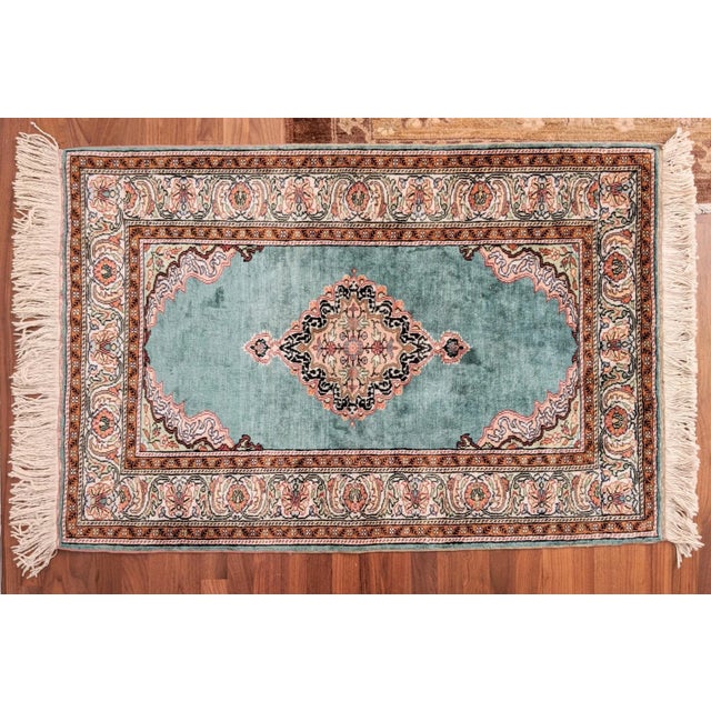 1950s Double Knot Finest Green Handknotted Wool Rug (35" X 52") For Sale - Image 5 of 10