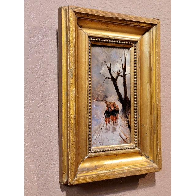 Wood Napoleonic Soldiers Marching in a Winter Landscape -1870s Oil Painting For Sale - Image 7 of 8