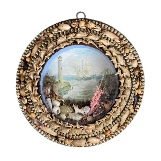 Edwardian Shellwork Valentine Diorama of a Ship Passing Lighthouse For Sale - Image 17 of 18