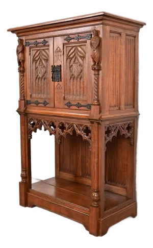 Antique Belgian Gothic Revival Carved Oak Bar Cabinet, Circa 1880s