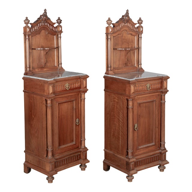 Pair of Italian Walnut Marble Top Nightstands For Sale