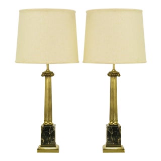 Brass & Black Portoro Marble Ionic Column Table Lamps - a Pair For Sale