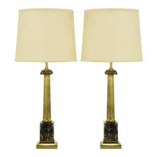 Brass & Black Portoro Marble Ionic Column Table Lamps - a Pair For Sale