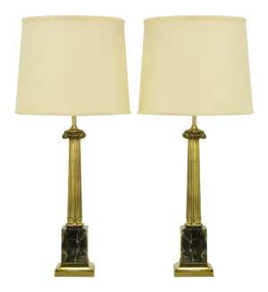 Brass & Black Portoro Marble Ionic Column Table Lamps - a Pair