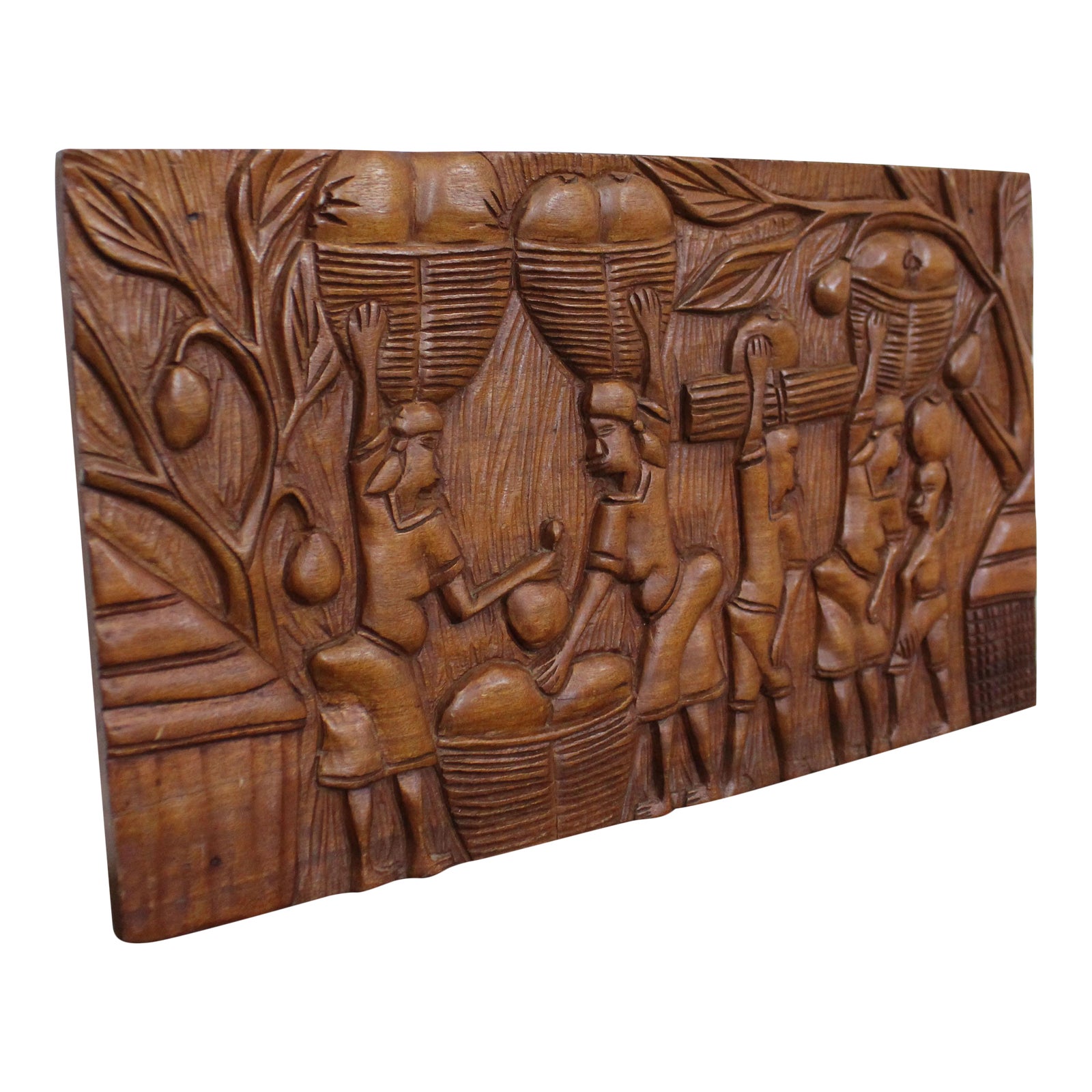 Vintage African Tribal Relief Wood Carving Wall Art Hanging 24" X 13.5