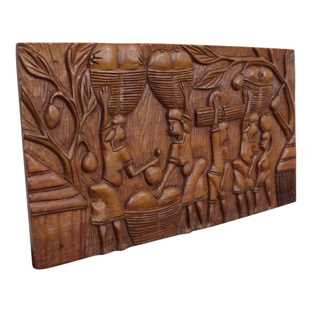Vintage African Tribal Relief Wood Carving Wall Art Hanging 24" X 13.5