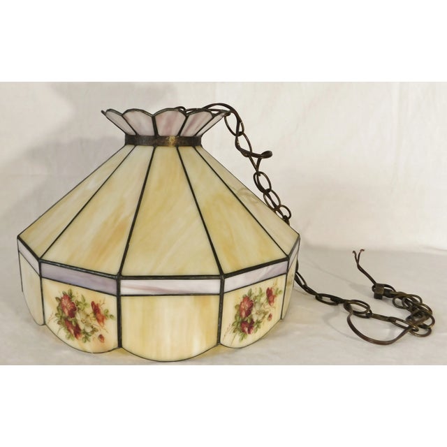 Beautiful vintage circa 1970s signed caramel and lilac slag glass floral chandelier. Two color purple and yellow panel...