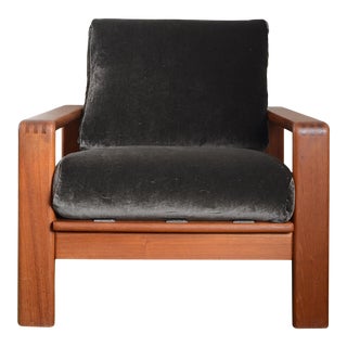 Vintage Wood Cube Frame Arm Chair With Velvet Cushions For Sale