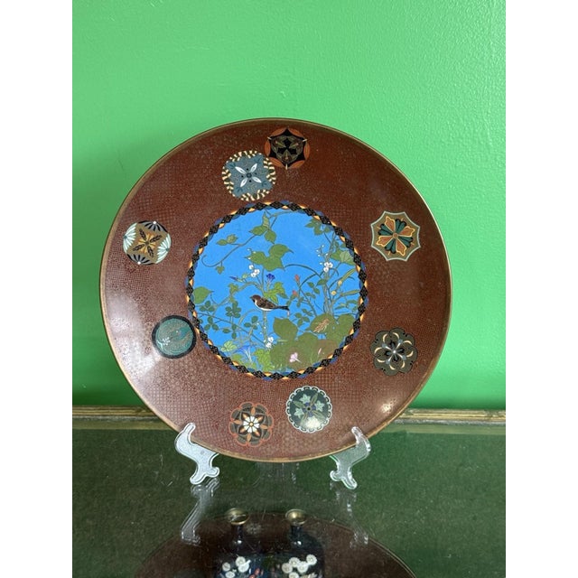 Japanese Meiji Japanese Cloisonne Enamel Plate Charger Bird Among Flowering Vines Goto For Sale - Image 3 of 11