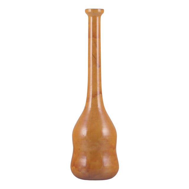 Floor Vase in Ceramic with Narrow Neck in Ochre Yellow Glaze, Biot, France, 1960s For Sale