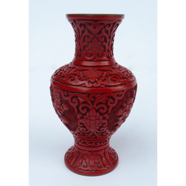 Vintage C.1950's Chinese Asian Carved Cinnabar With Interior Blue Enamel Vase For Sale - Image 4 of 13