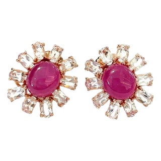 Bochic "Orient" Ruby & White Topaz Stud Clip Earrings Set 18K Gold & Silver, A Pair For Sale