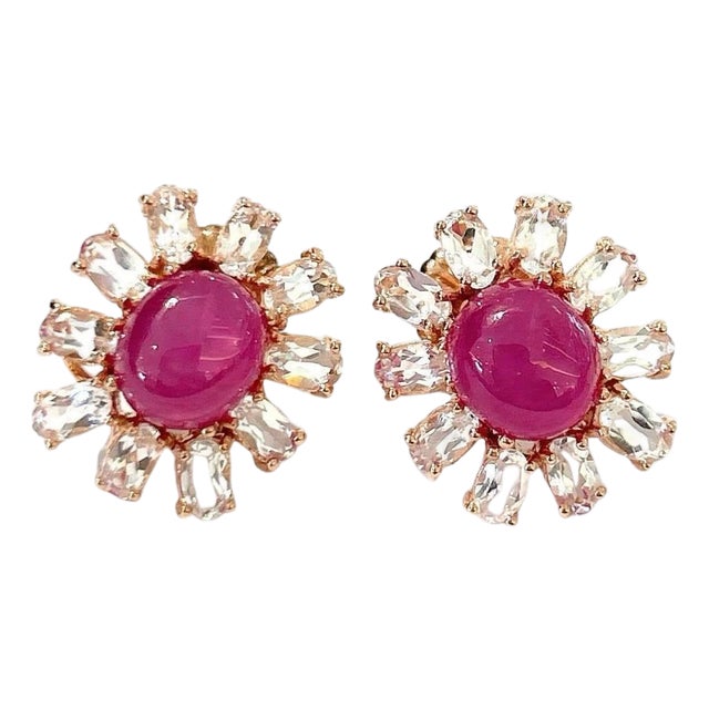 Bochic "Orient" Ruby & White Topaz Stud Clip Earrings Set 18K Gold & Silver, A Pair For Sale