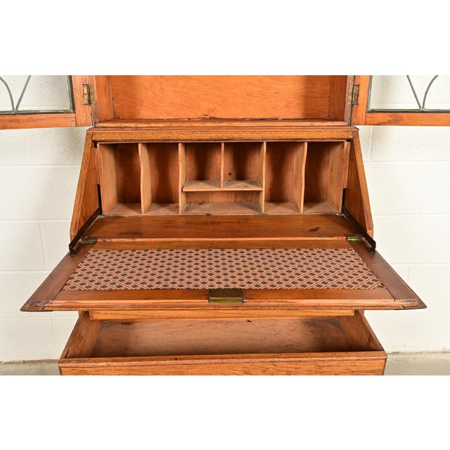 Wood Antique English Art Deco Carved Oak Drop Front Secretary Desk With Leaded Glass Bookcase Hutch For Sale - Image 7 of 17