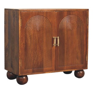 Chestnut Mango Wood Cabinet With Carved Arch Doors For Sale