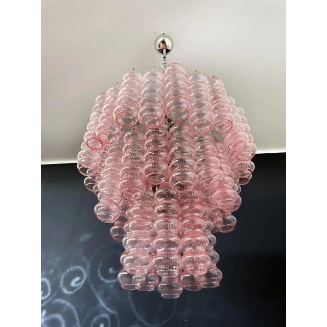 Metal Three-Tier Bubble Murano Style Glass Tube Chandelier – 48 Pink Glasses For Sale - Image 7 of 7