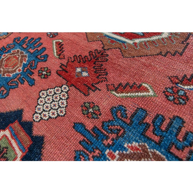 Salmon 1880s Antique Geometric Salmon Red Blue Hand-Knotted Wool Pile Rug - 2’11” X 4’8” For Sale - Image 8 of 8