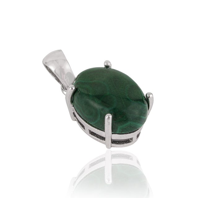 Contemporary Modernist 10.74 Ct Malachite Cabochon Solitaire Pendant in 925 Sterling Silver For Sale - Image 3 of 12